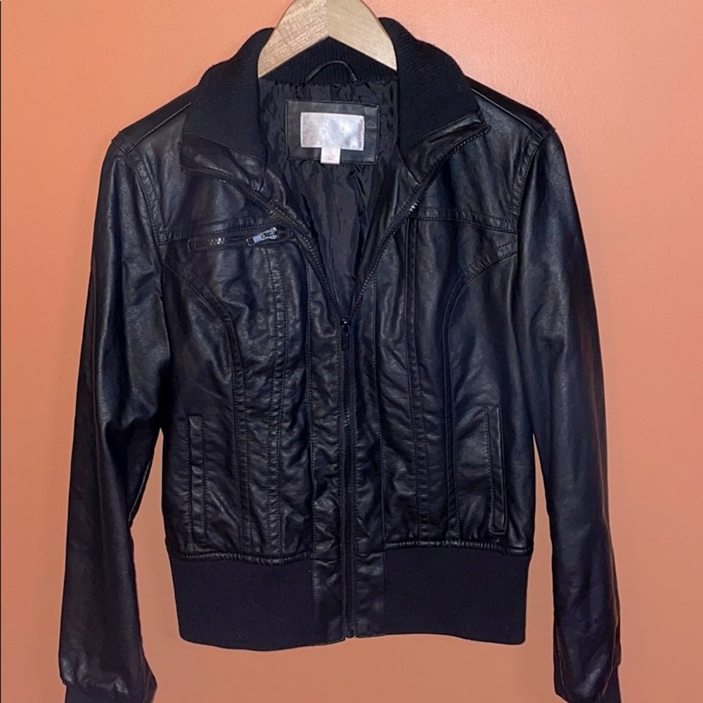 Black faux leather bomber jacket